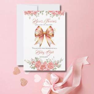 Gold and Pink Floral Bow Baby Shower Thank You Card