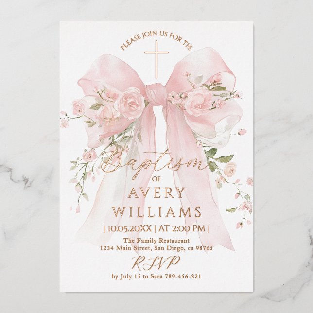 Gold and Pink Floral Bow Boy Baptism Elegant Foil Invitation (Front)