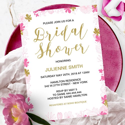 Gold and Pink Floral Bridal Shower Invitations