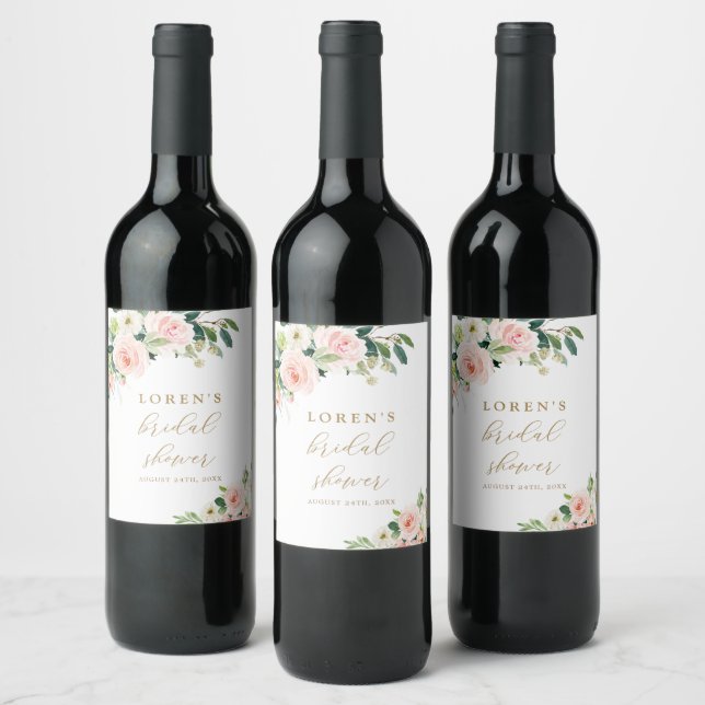 Gold and Pink Floral Bridal Shower Wine Label (Bottles)