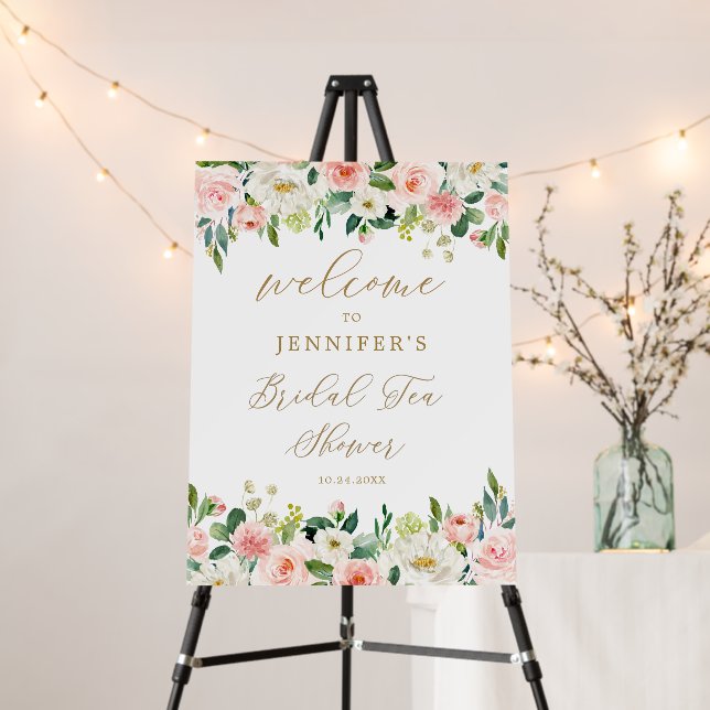 Gold and Pink Floral Bridal Tea Shower Welcome Foam Board (In Situ (Stand))