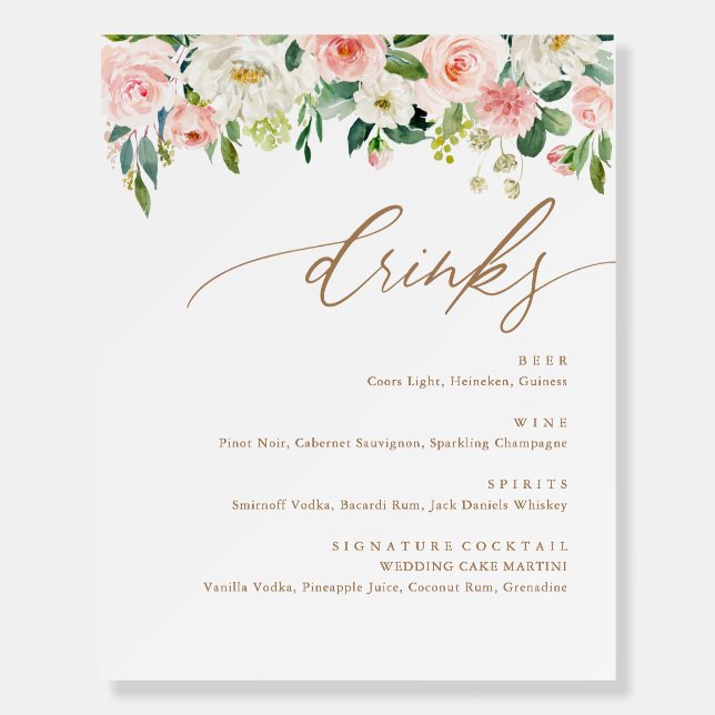 Gold and Pink Floral Engagement Party Drinks Sign (Front)