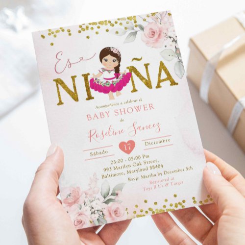 Gold and Pink Floral Girl Es Niña Baby Shower Invitation