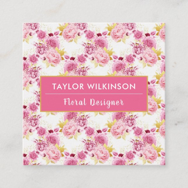 Gold and Pink Floral Roses on White Square Busines Square Business Card (Front)
