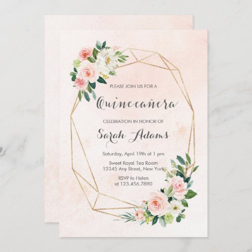 Gold and Pink Floral Watercolor Quinceaera Invitation