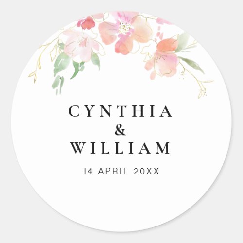gold and pink floral wedding classic round sticker