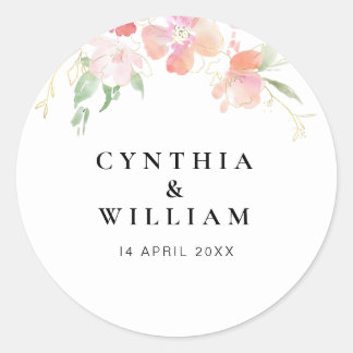 gold and pink floral wedding classic round sticker