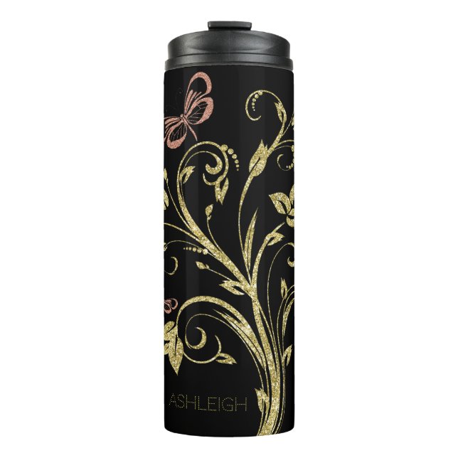Gold and Pink Glitter Butterfly Personalized Thermal Tumbler (Front)