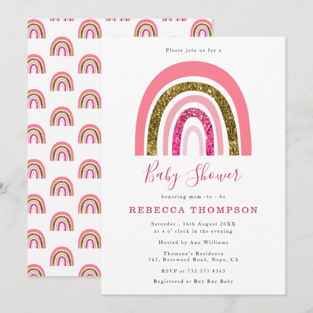Gold and Pink Glitter Cute Rainbow Baby Shower  Invitation (Front/Back)