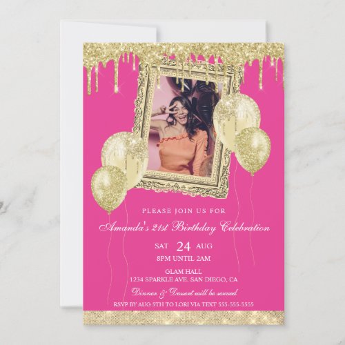 Gold and Pink Glitter Drip Photo Frame Invitation
