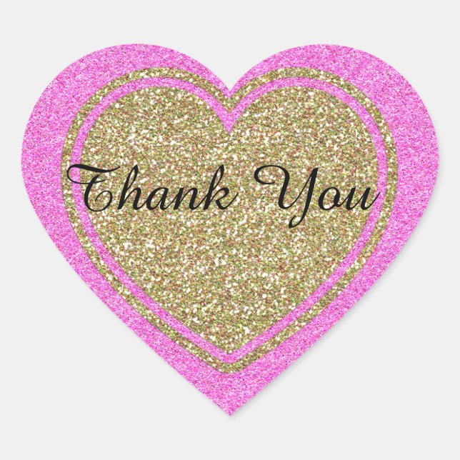 Gold and Pink Glitter Look Heart Wedding Sticker (Front)