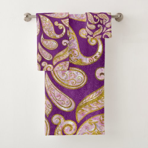 Gold and pink glitter Paisley pattern on purple Bath Towel Set
