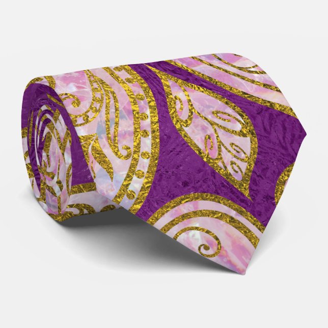 Gold and pink glitter Paisley pattern on purple Neck Tie (Rolled)