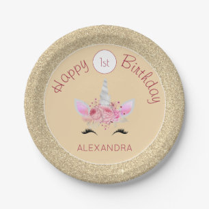 Gold and Pink Glitter Unicorn 1st Birthday Paper Plates
