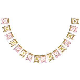 Gold and Pink Happy Birthday Bunting Flags, Custom Bunting Flags