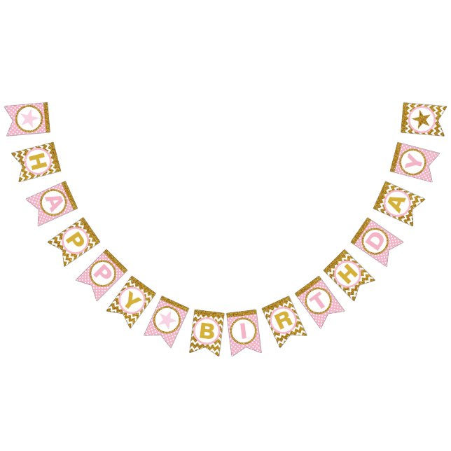 Gold and Pink Happy Birthday Bunting Flags, Custom Bunting Flags (All)