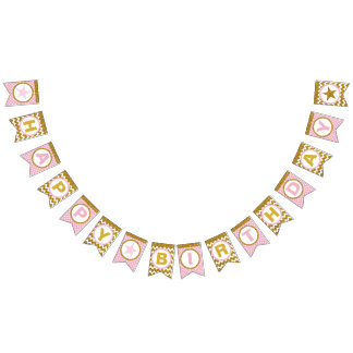 Gold and Pink Happy Birthday Bunting Flags, Custom Flags