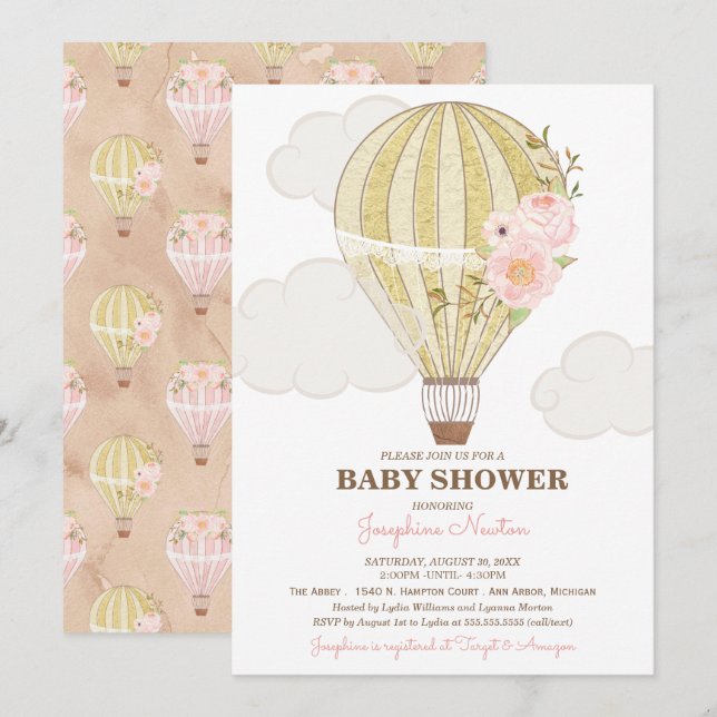 Gold and Pink Hot Air Balloon Baby Shower Invitation (Front/Back)