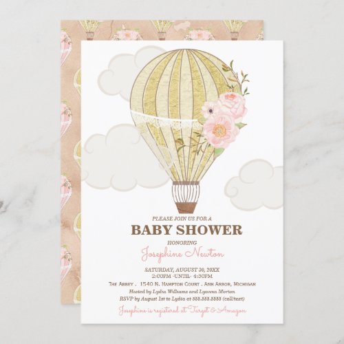 Gold and Pink Hot Air Balloon Baby Shower Invitation