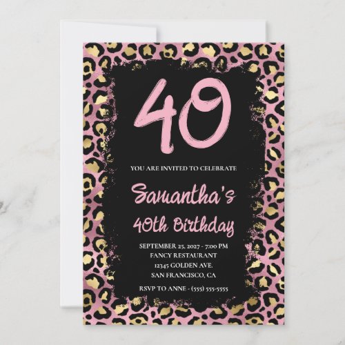 Gold and Pink Leopard Painted Black 40th Birthday Invitation