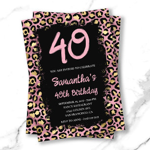 Gold and Pink Leopard Painted Black 40th Birthday Invitation
