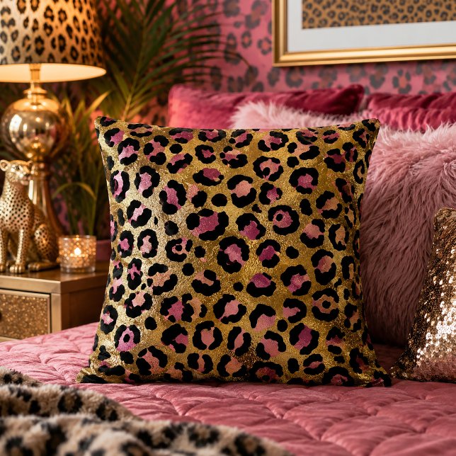 Gold and Pink Leopard Print Animal Pattern Throw Pillow (Creator Uploaded)