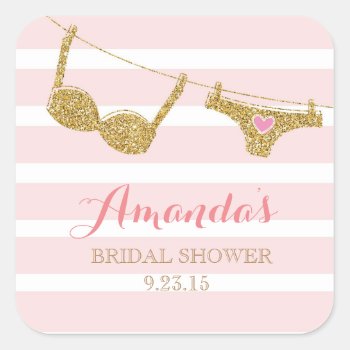 Gold And Pink Lingerie Bridal Shower Favor Sticker by ThreeFoursDesign at Zazzle