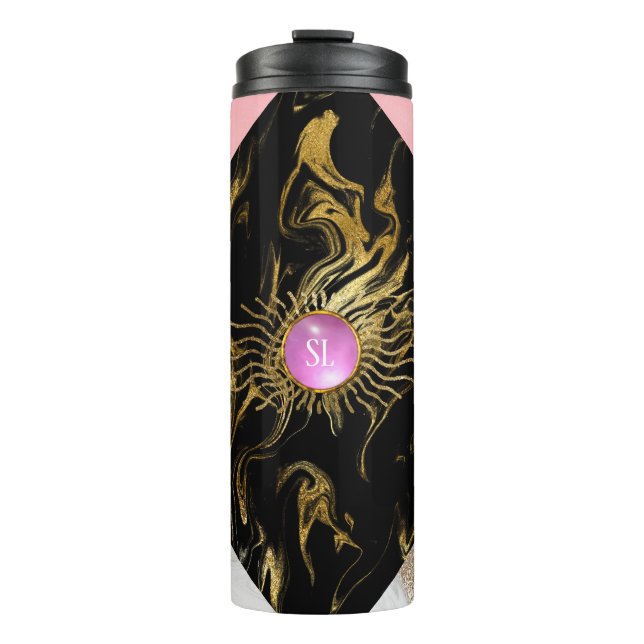 Gold and Pink Marble Gemstone Monogram Thermal Tumbler (Front)