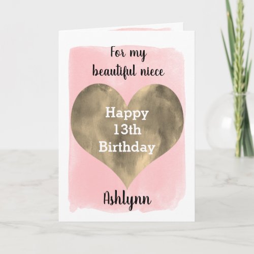 Gold and Pink Niece 13th Birthday Card