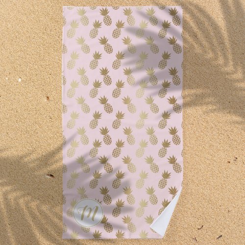 Gold and Pink Pineapple Pattern and Monogram Beach Towel