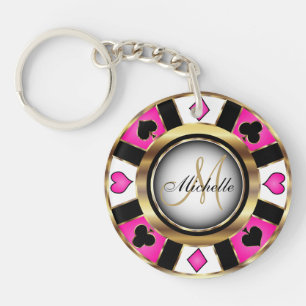 Gold and Pink Poker Chip Design - Monogram Keychain