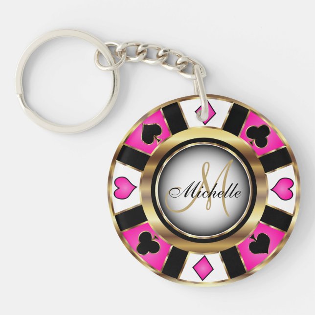 Gold and Pink Poker Chip Design - Monogram Keychain (Front)