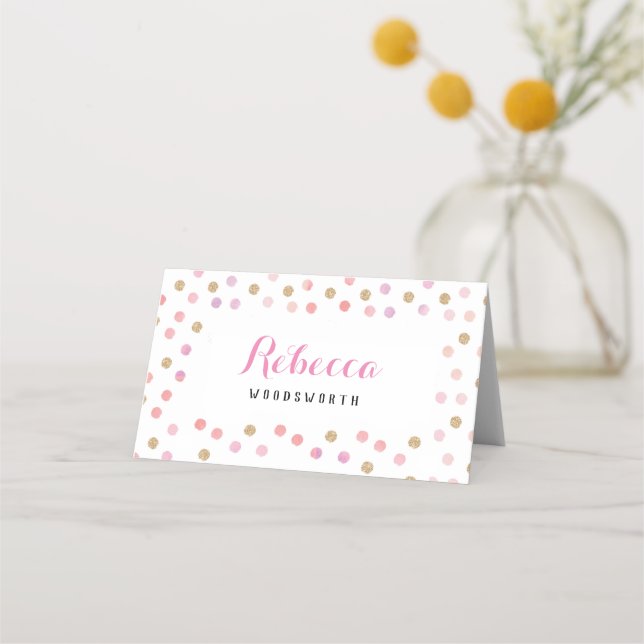 Gold and pink polka dots place card, birthday card (Front)
