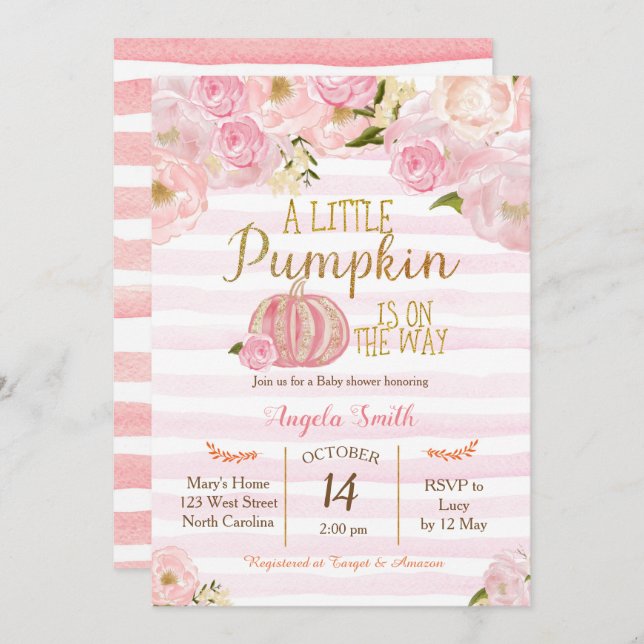 Gold and Pink Pumpkin Baby Shower Invitation (Front/Back)