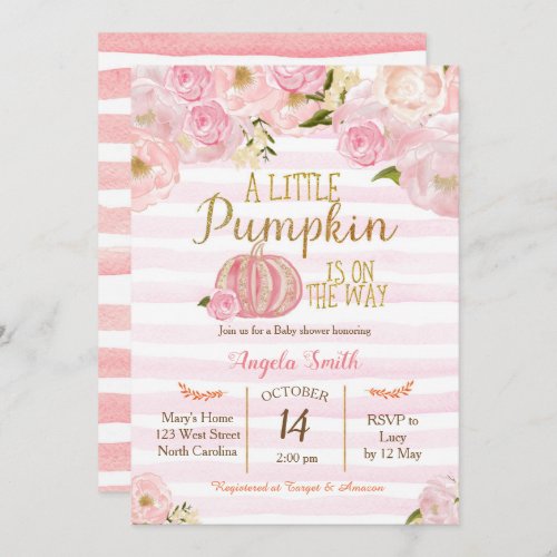 Gold and Pink Pumpkin Baby Shower Invitation