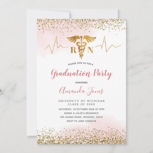 Gold And Pink Rn Nurse Graduation Party Invitation 