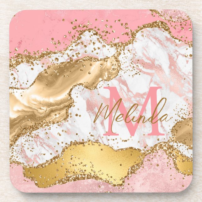 Gold and Pink Sequins Agate Beverage Coaster (Front)