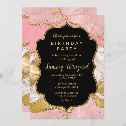 Gold and Pink Sequins Agate Birthday Invitation