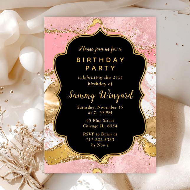 Gold and Pink Sequins Agate Birthday Invitation (Creator Uploaded)