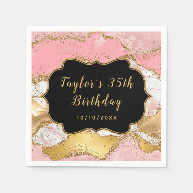Gold and Pink Sequins Agate Birthday Napkins (Front)