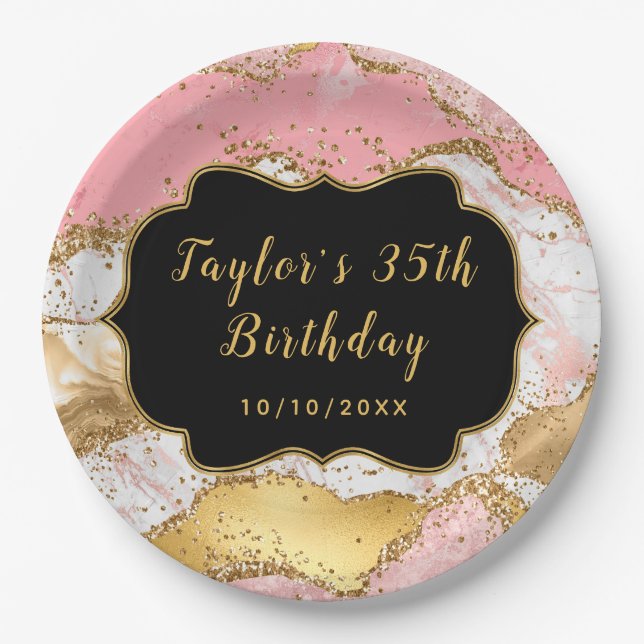 Gold and Pink Sequins Agate Birthday Paper Plates (Front)
