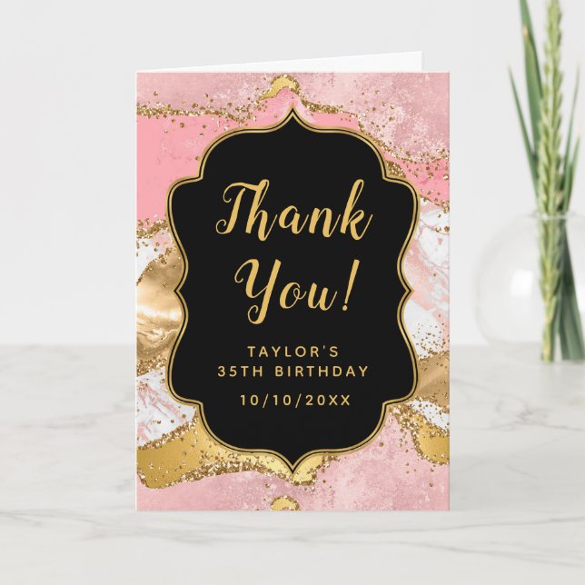 Gold and Pink Sequins Agate Birthday Thank You Card (Front)