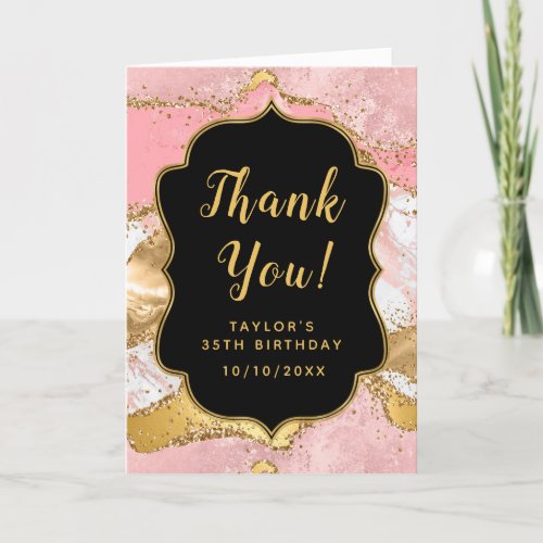 Gold and Pink Sequins Agate Birthday Thank You Card