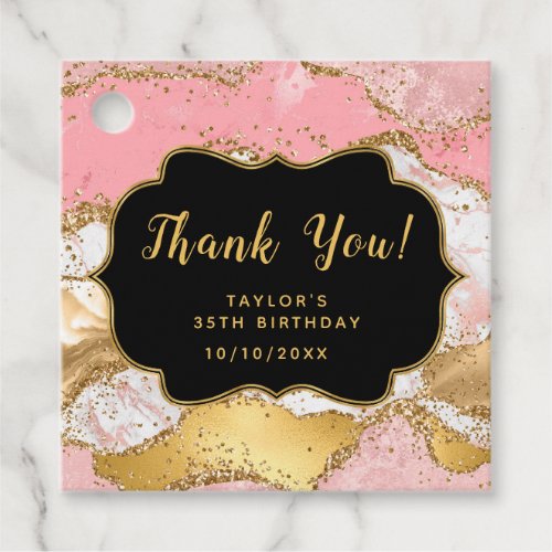 Gold and Pink Sequins Agate Birthday Thank You Favor Tags