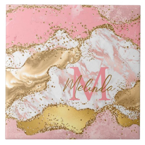 Gold and Pink Sequins Agate Ceramic Tile