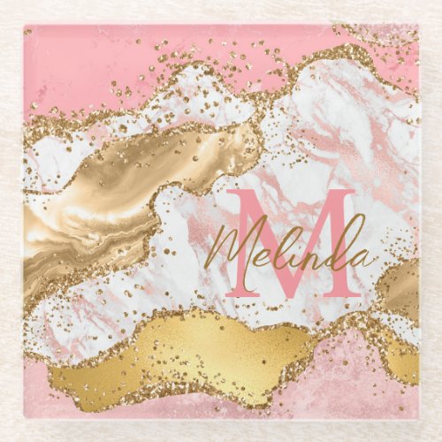 Gold and Pink Sequins Agate Glass Coaster