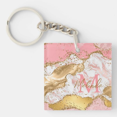 Gold and Pink Sequins Agate Keychain