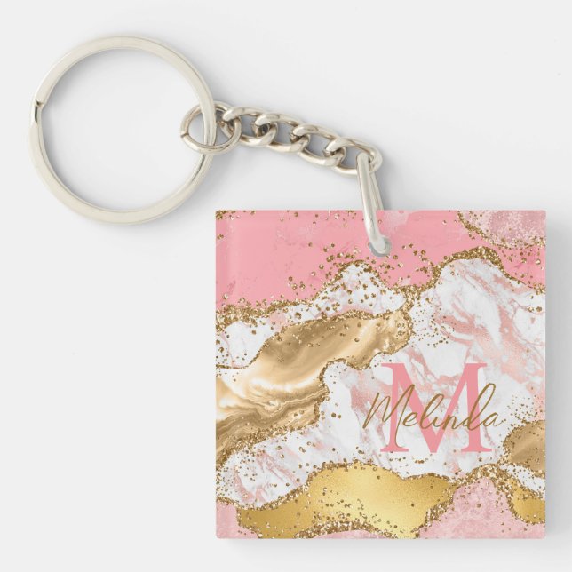 Gold and Pink Sequins Agate Keychain (Front)