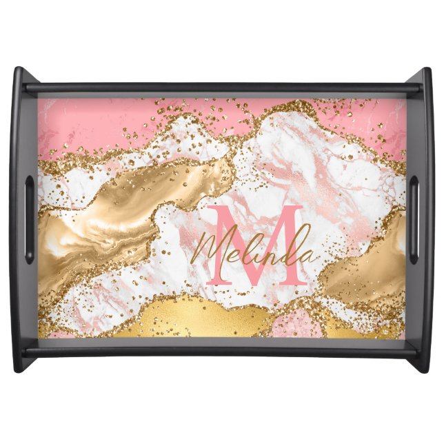 Gold and Pink Sequins Agate Serving Tray (Front)