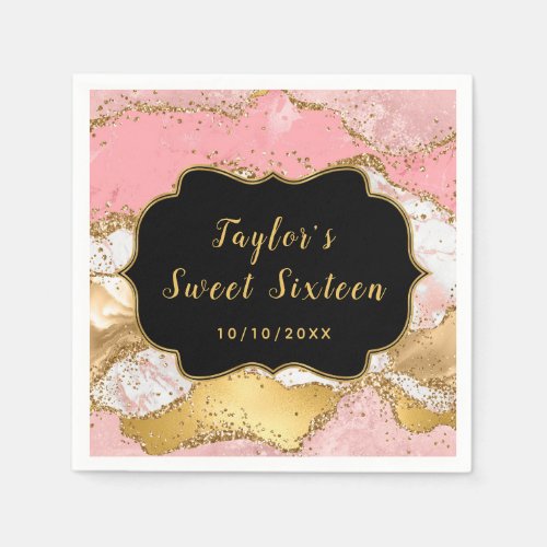 Gold and Pink Sequins Agate Sweet Sixteen Napkins